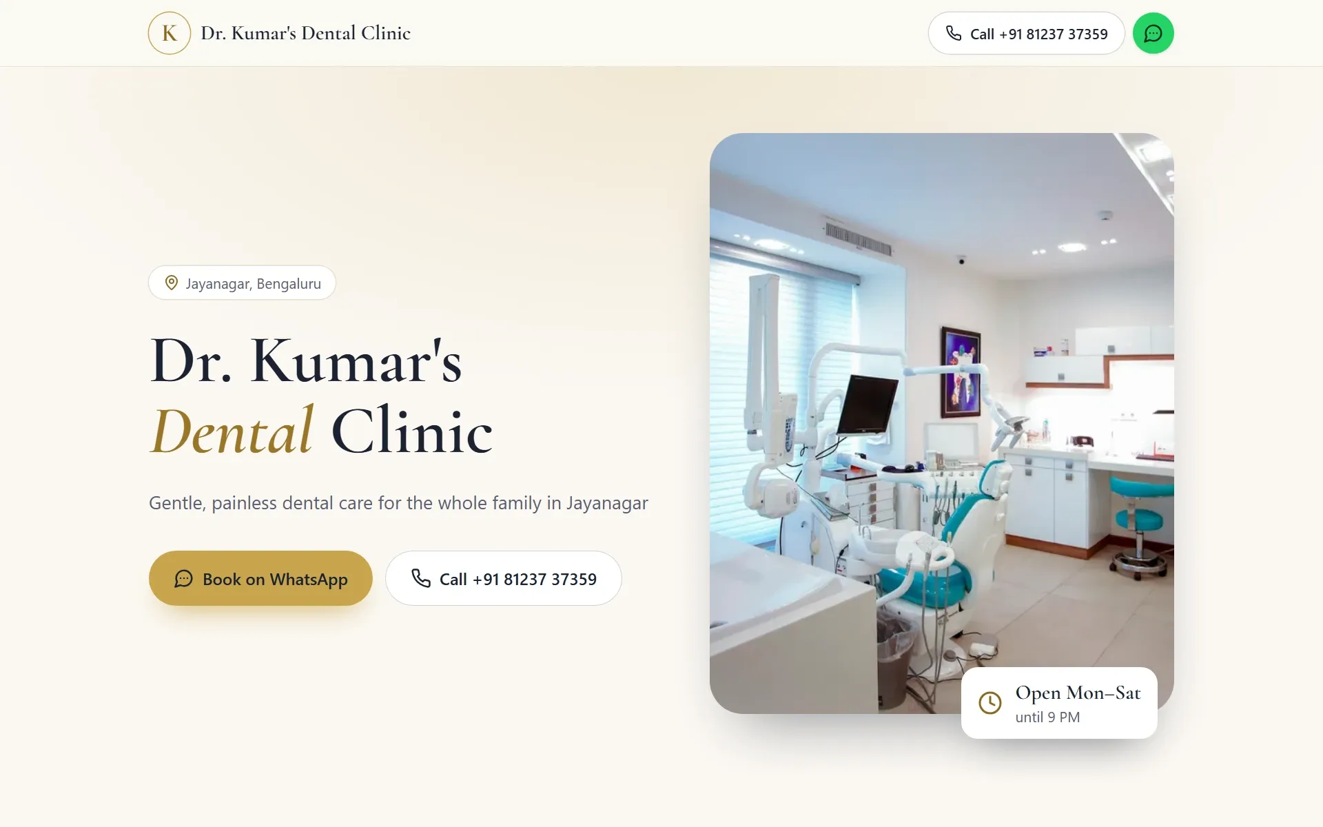 Dr. Kumar's Dental Clinic sample site on a computer